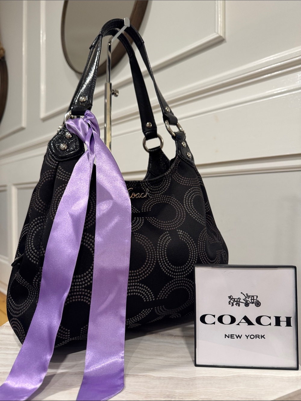 Coach Bag Ashley Dotted Op Art Black Signature Logo Hobo Shoulder Bag